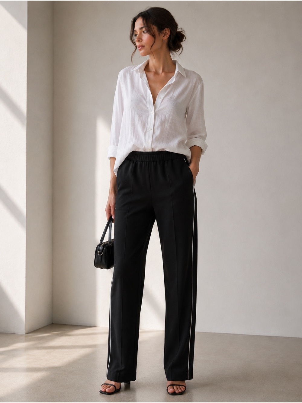 Maje Side Stripe Cropped Jogger Pants Black Straight Leg Trouser Size 38 / M